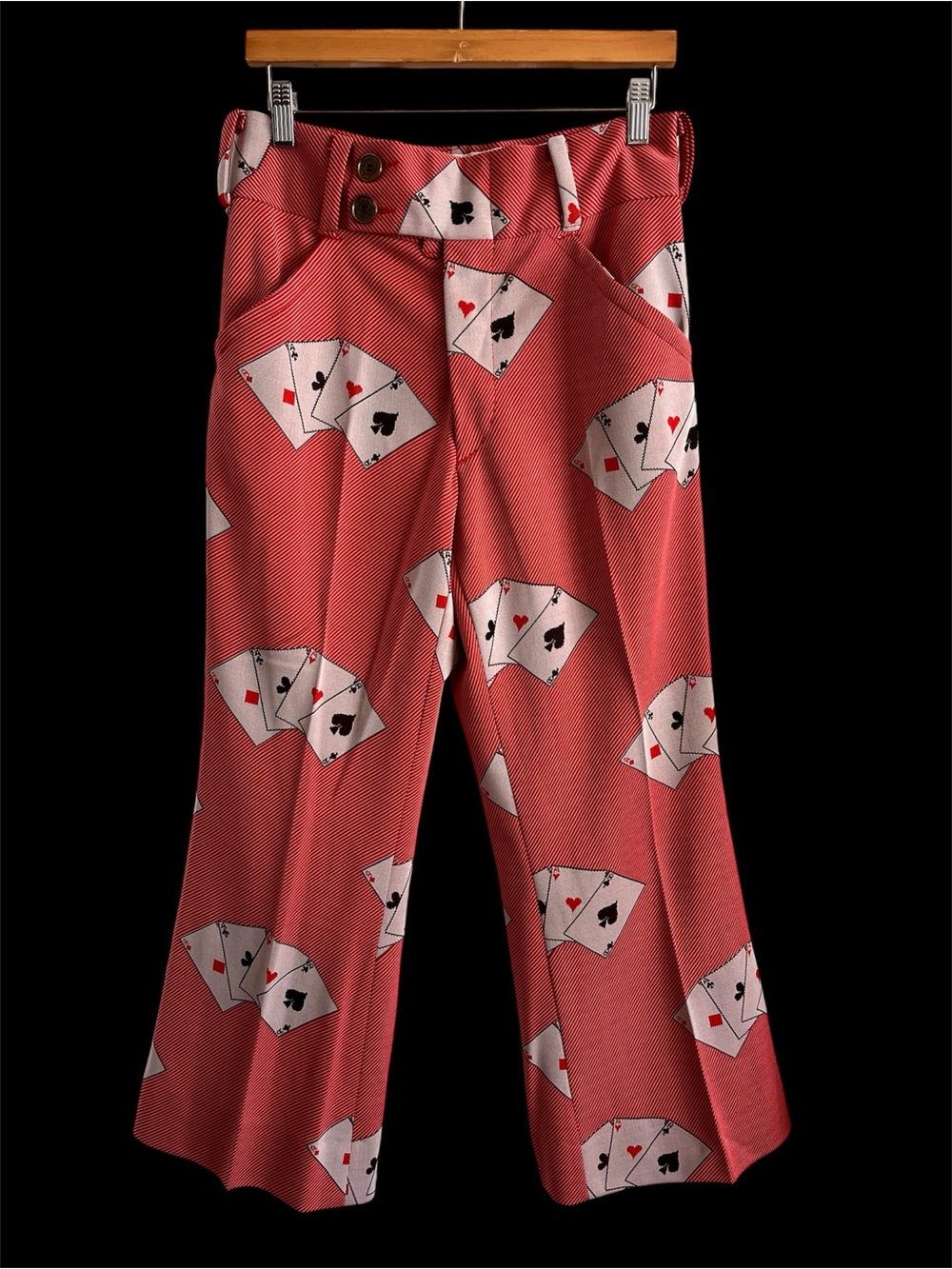 Women’s red patterned vintage flare pants all-over playing card design Medium